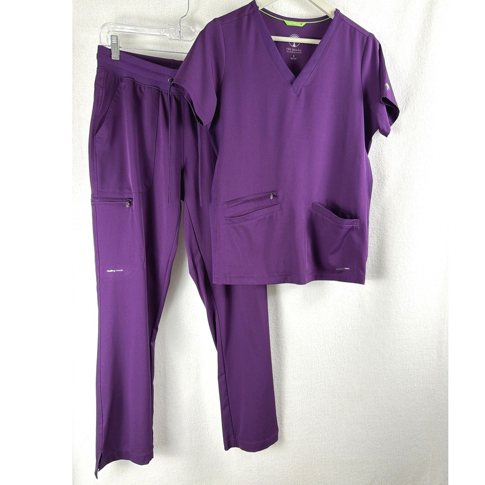 HH Works by Healing Hands Purple Scrub SET V-Neck Top & Cargo Pants Small